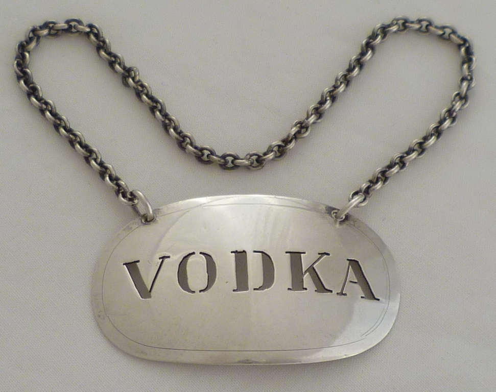 Danish pierced silver 'VODKA' label Ernst Dragsted sold £28 www.silfren.com